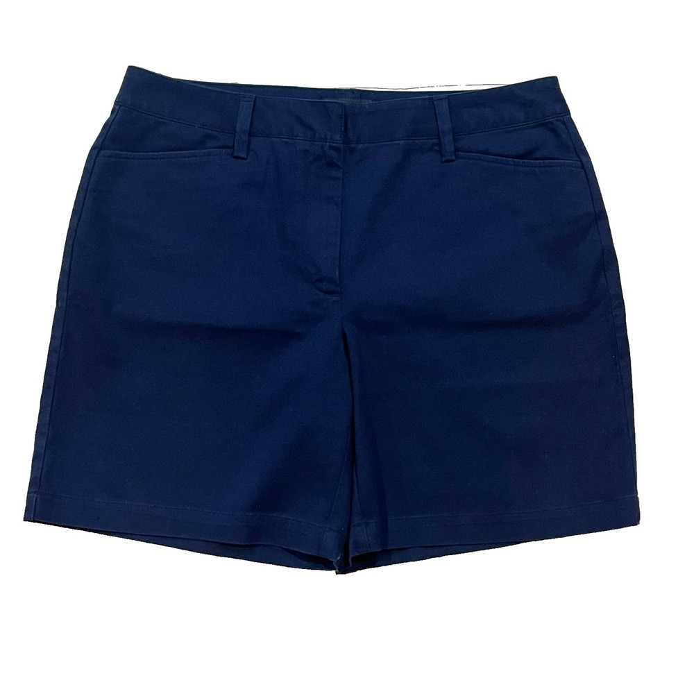 Lands End Cotton Chino Short Women 10 M Navy Blue 7" Inseam Flat Front Mid Rise